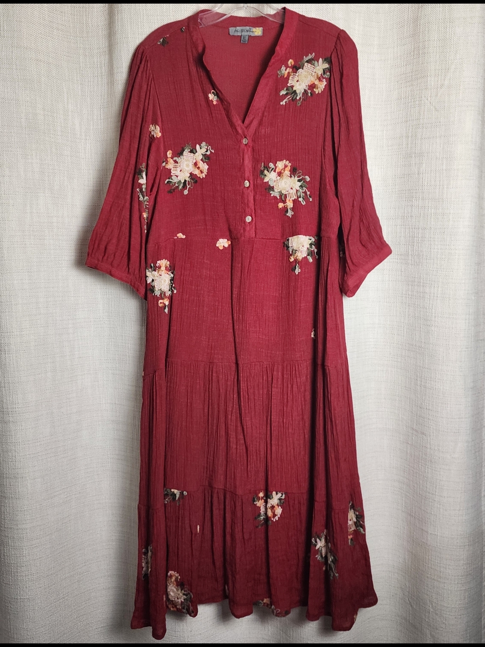Figueroa & Flower Burgundy Embroidered Floral Tiered Button-Front Maxi Dress